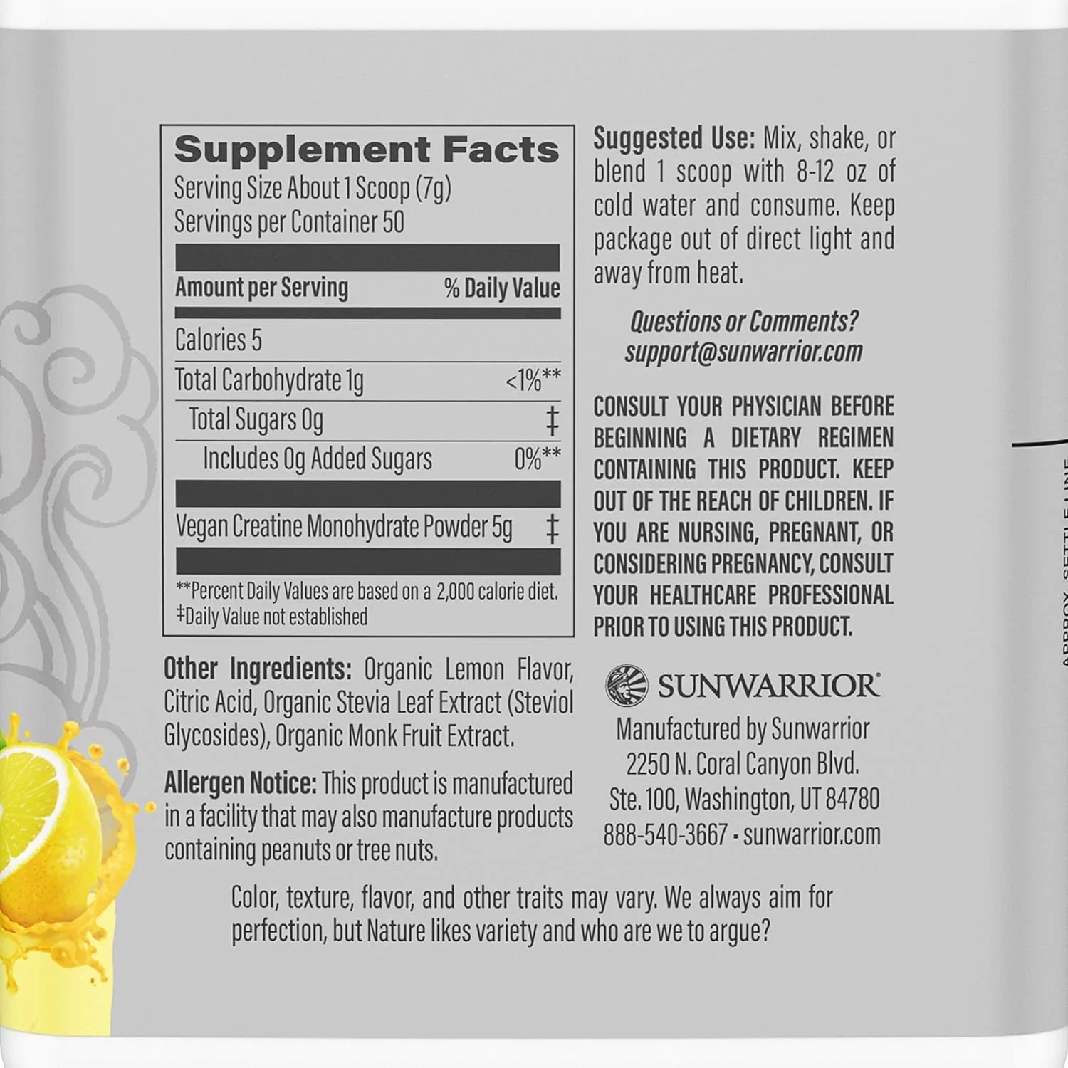 Vegan Creatine Monohydrate Powder, Preworkout Recover Supplement, Lemonade, 12.34 Oz