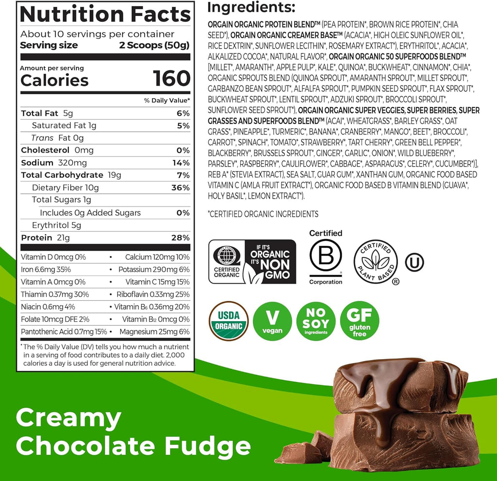Organic Vegan Protein + 50 Superfoods Powder, Creamy Chocolate Fudge - 21G Plant Based Protein, 10G Prebiotic Fiber, No Lactose Ingredients, Gluten Free, No Added Sugar, Non-Gmo, 1.12 Lb
