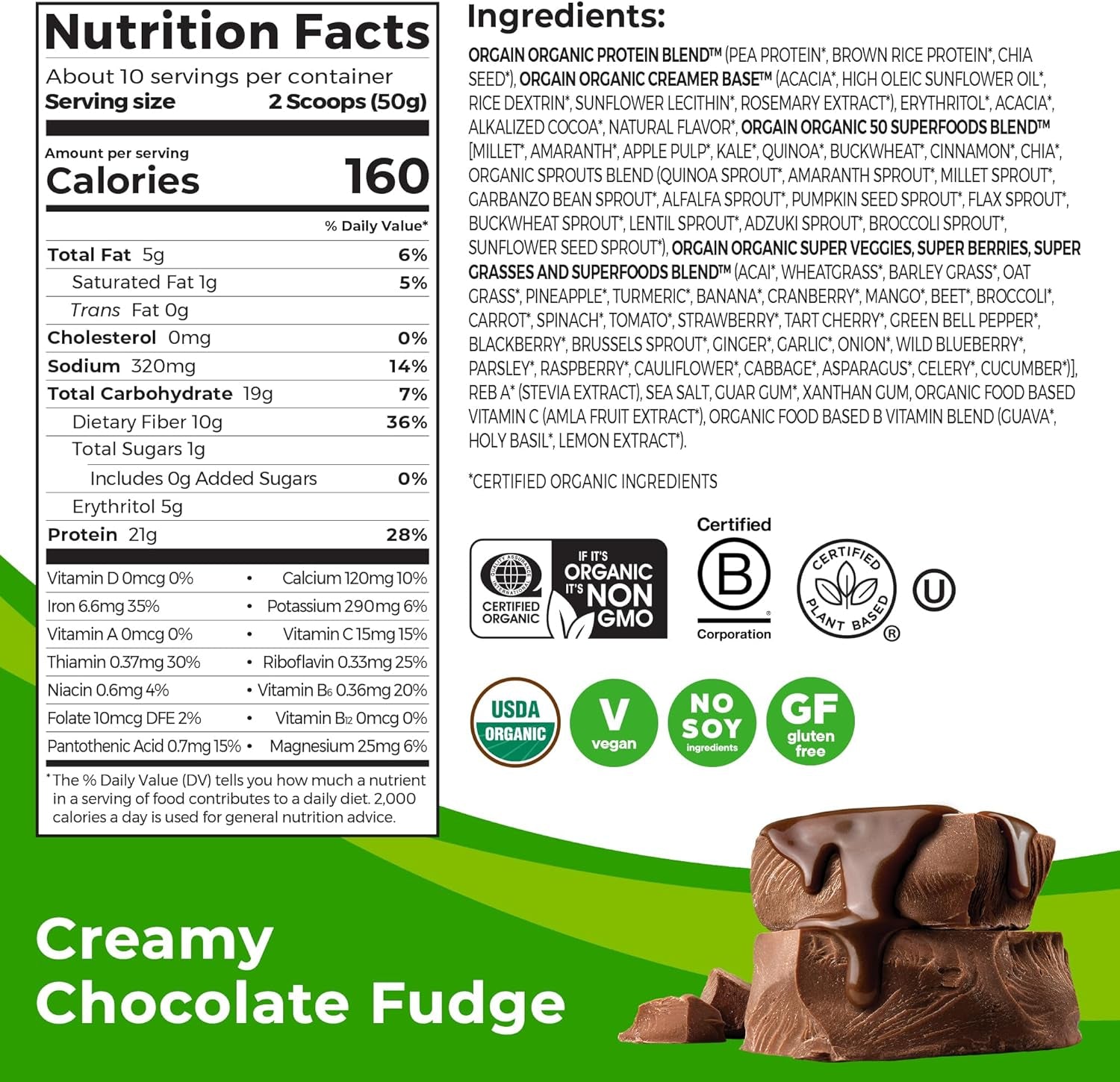Organic Vegan Protein + 50 Superfoods Powder, Creamy Chocolate Fudge - 21G Plant Based Protein, 10G Prebiotic Fiber, No Lactose Ingredients, Gluten Free, No Added Sugar, Non-Gmo, 1.12 Lb