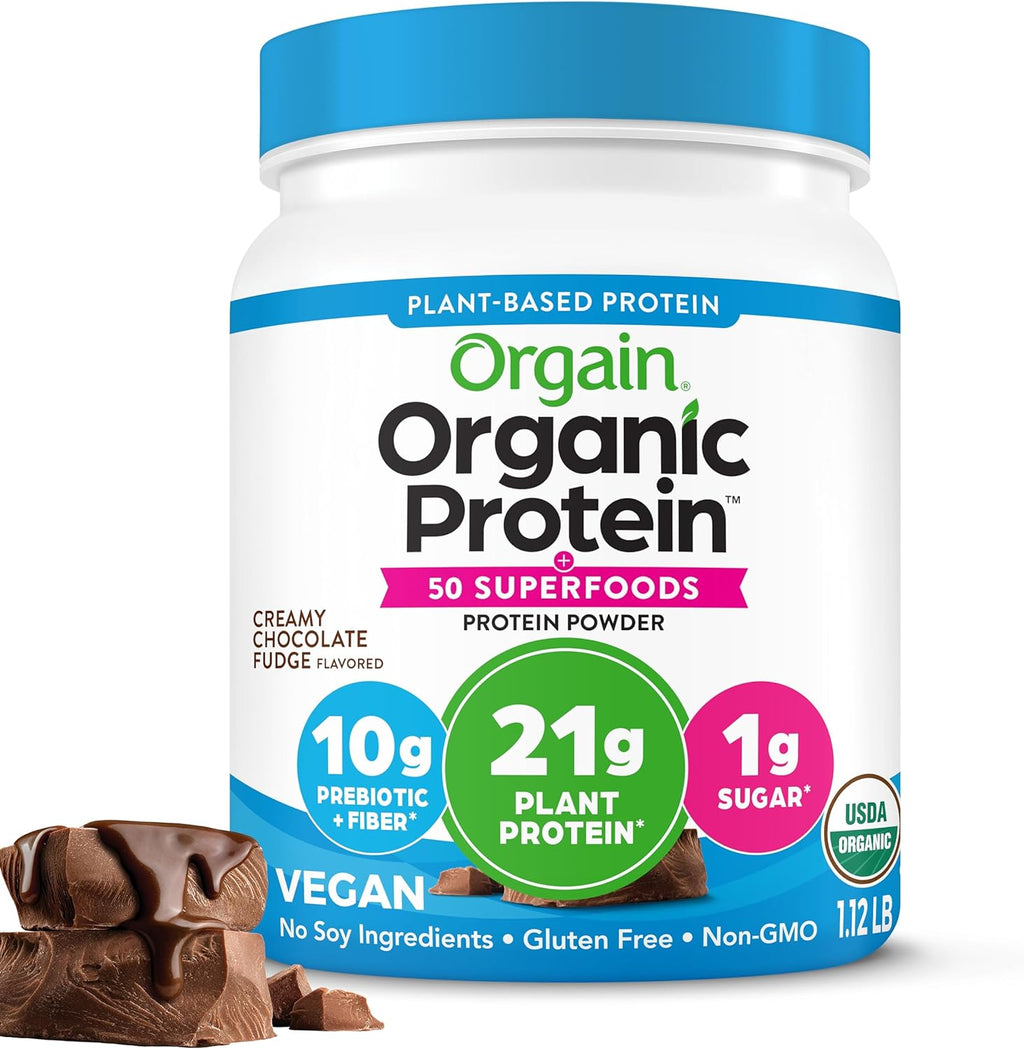 Organic Vegan Protein + 50 Superfoods Powder, Creamy Chocolate Fudge - 21G Plant Based Protein, 10G Prebiotic Fiber, No Lactose Ingredients, Gluten Free, No Added Sugar, Non-Gmo, 1.12 Lb