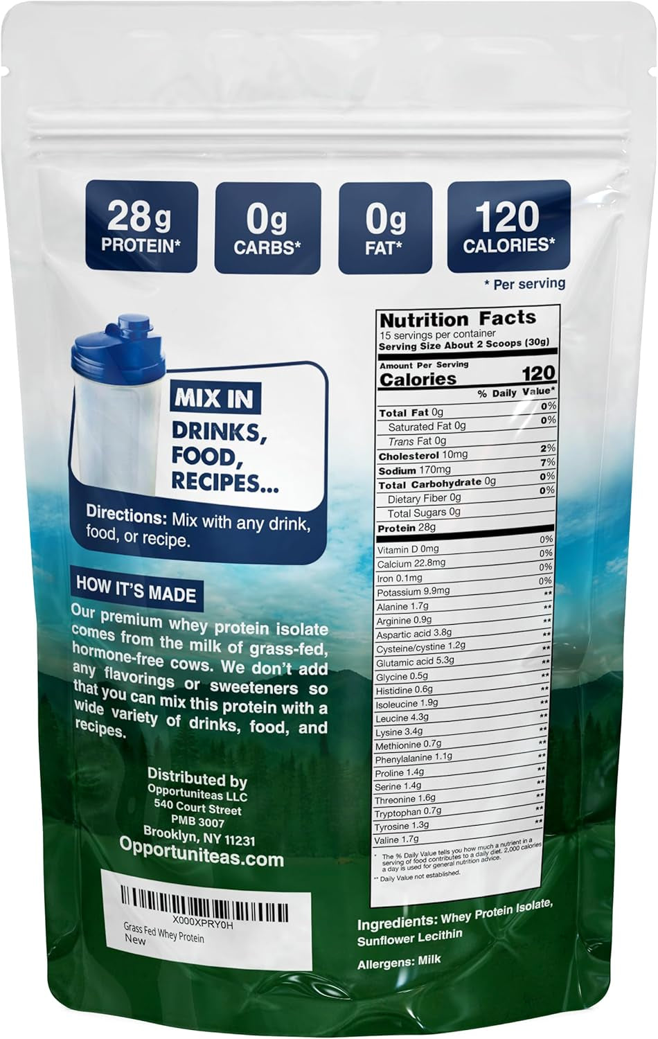Grass Fed Whey Isolate Protein Powder - Unflavored 28G Protein Powder without Artificial Sweeteners, Hormone-Free Cows, Non GMO - 1Lb
