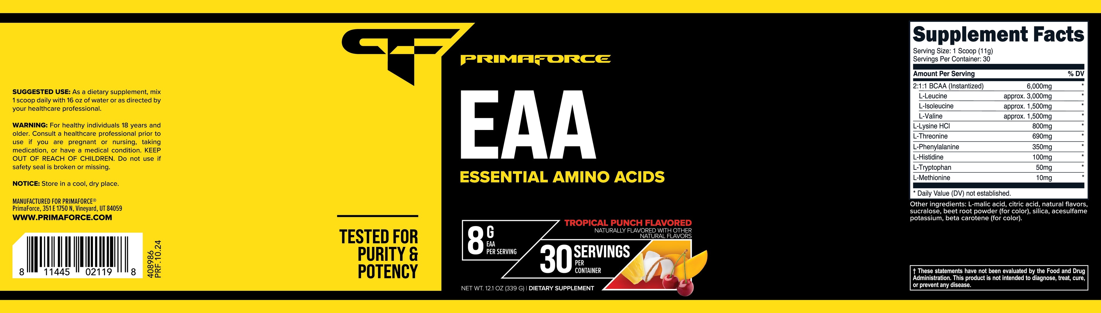 EAA Powder (30 Servings, Tropical Punch) - Essential Amino Acids for Pre/Intra Workout and Recovery - Non-Gmo and Gluten Free