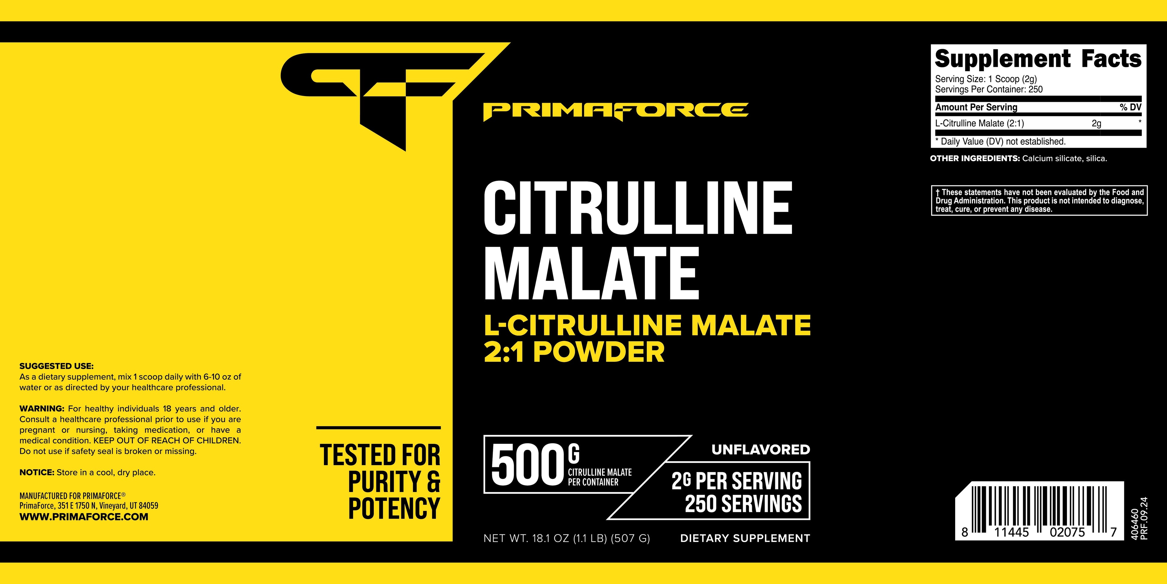 L-Citrulline Malate Powder, Unflavored Pre Workout Supplement, 500 Grams