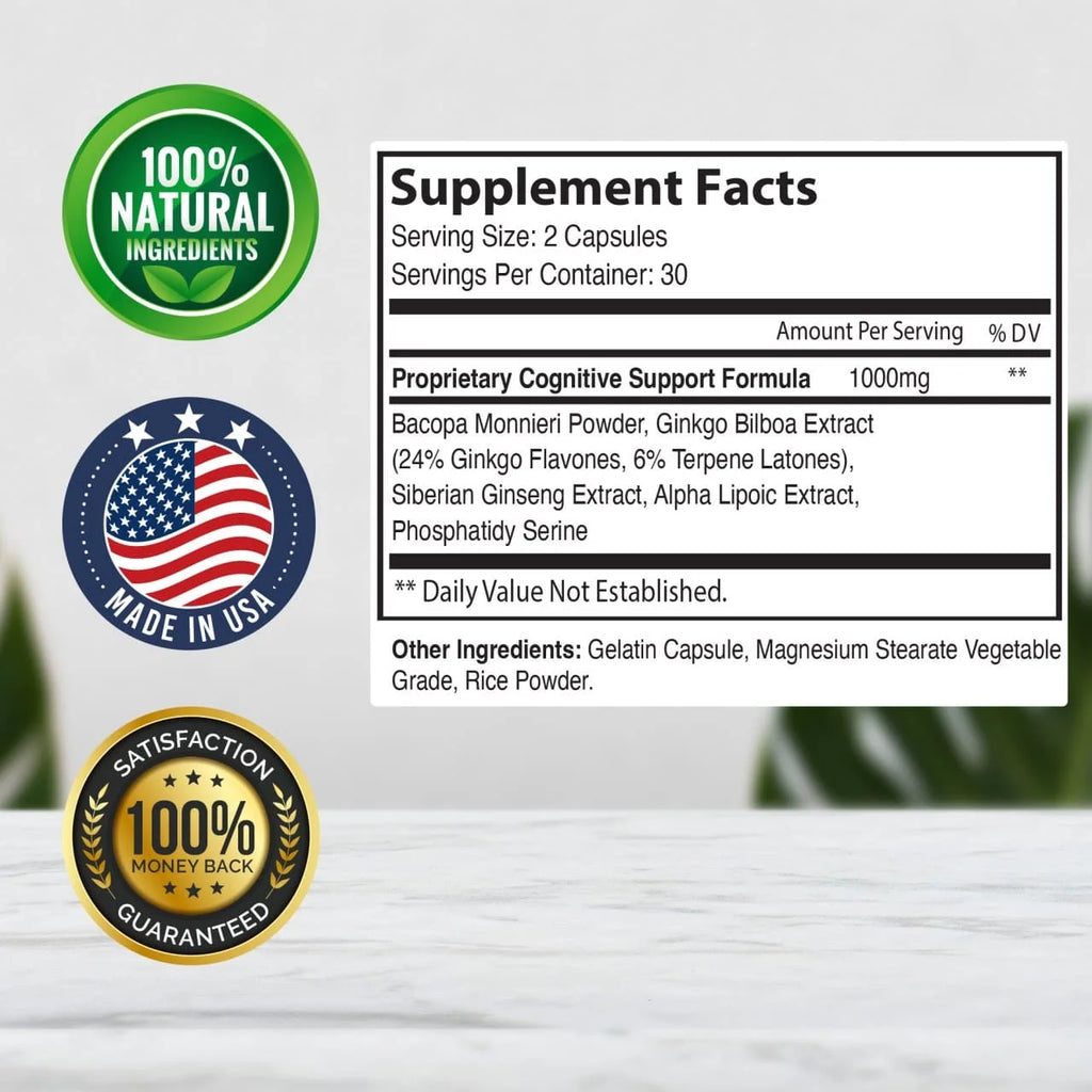 Nootropic Memory Booster for Focus, Clarity, Memory & Energy Support Supplement (3 Pack - 180 Capsules)